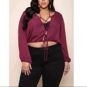🎉HP🎉🆕🌸Laced up  Open Shoulder Burgundy Top